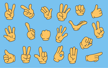 Cartoon comic retro arm hand finger gesture isolated set. Vector flat graphic design illustration
