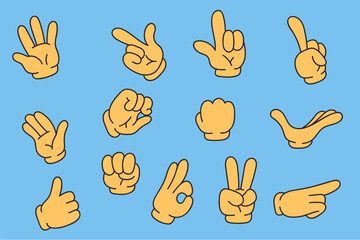 Cartoon comic retro arm hand finger gesture isolated set. Vector flat graphic design illustration

