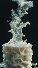 Steam rising from a hot beverage in a white cup against a dark background