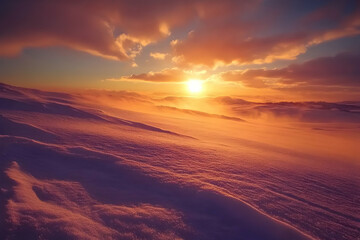 Fototapeta premium Golden rays broadcast warmth over snowy terrain, enhancing the quiet beauty of dusk