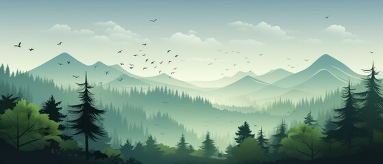 Serene Mountain Landscape with Pine Trees and Flying Birds