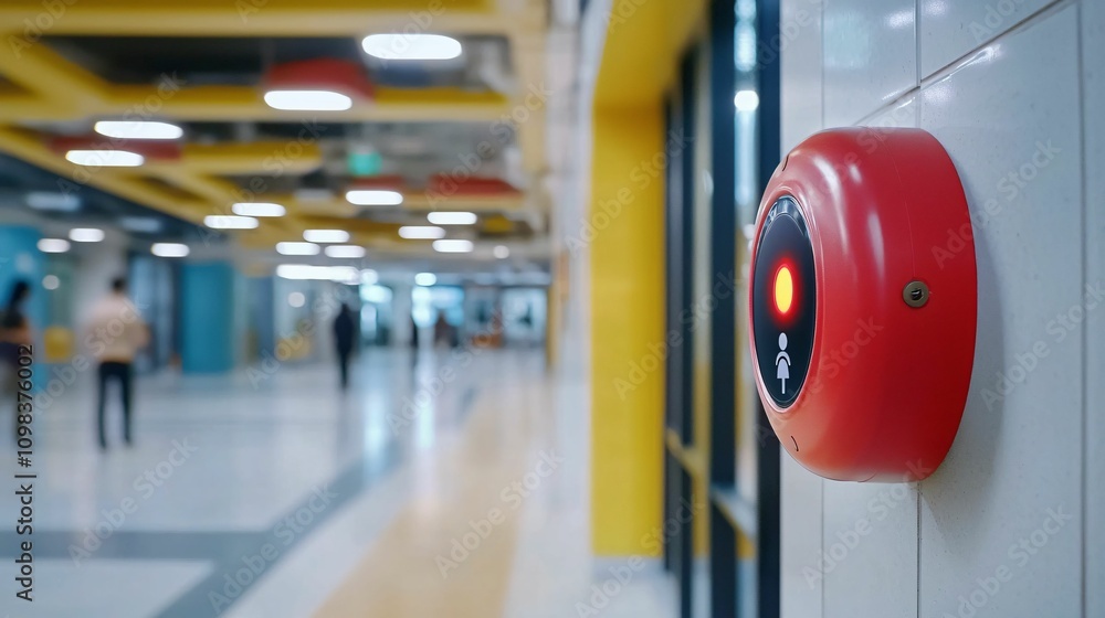 Poster fire alarm and emergency detection. a red emergency alarm button is prominently displayed in a moder