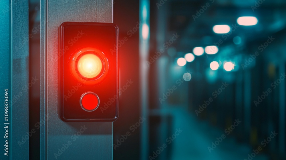Poster fire alarm and emergency detection. a close-up of a glowing red indicator light in a dimly lit corri