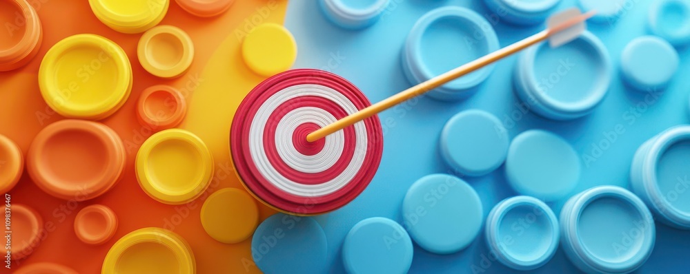 Poster a colorful target with an arrow on a vibrant background of orange and blue circular patterns.