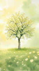 Naklejka premium A stylized illustration of a tree using watercolor backgrounds with yellow and green hues showcasing springtime foliage, yellow, natural scenery