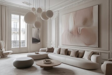High-end living room with oversized art installations, elegant furniture in muted colors, and dramatic pendant lighting.