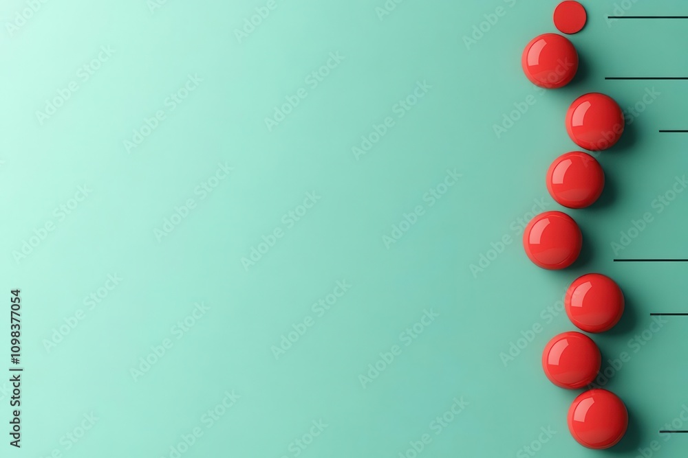 Poster a minimalistic design featuring red spheres aligned on a turquoise background, creating a striking v