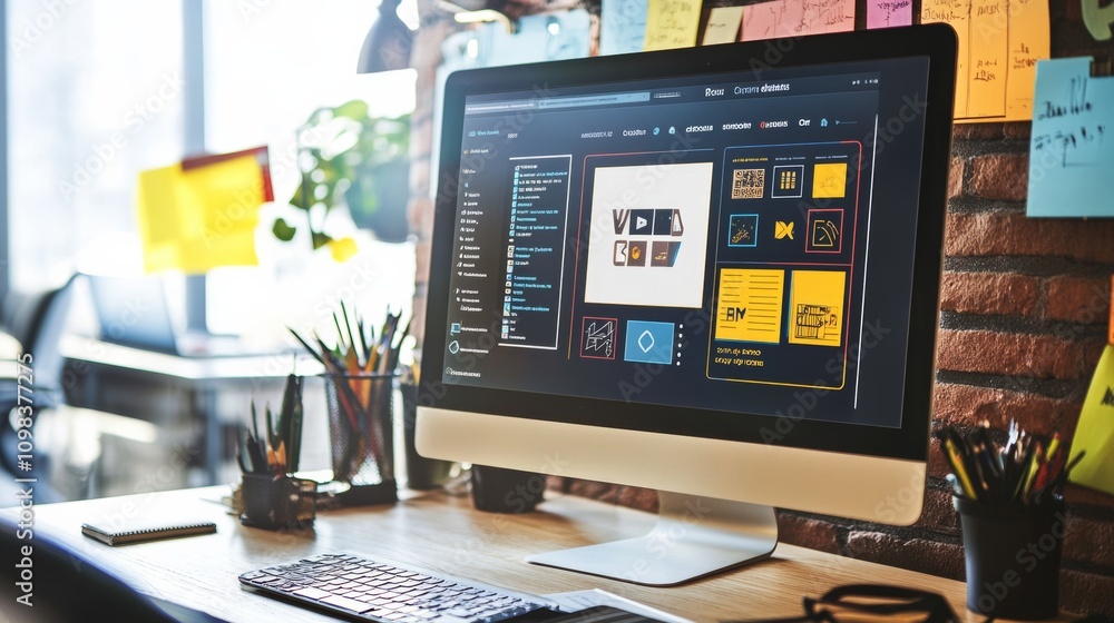 Poster Modern computer display on an office desk with a web design studio concept page. Web design company presentation