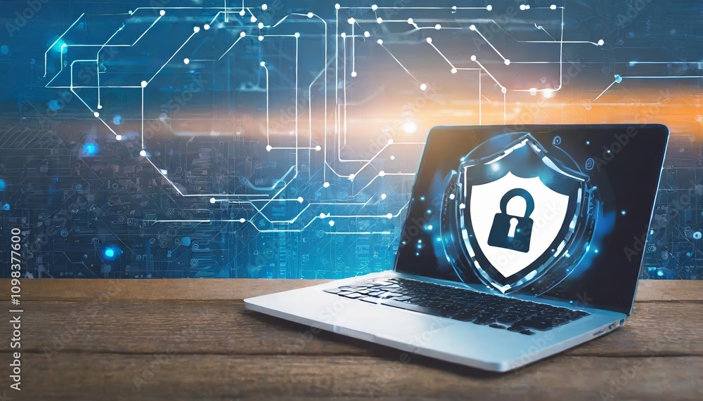 Poster laptop displaying screen lock icon symbolizing cybersecurity and data protection with a futuristic d