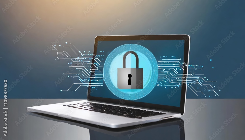 Poster laptop on screen lock highlighting cyber security and data protection, featuring a digital design co