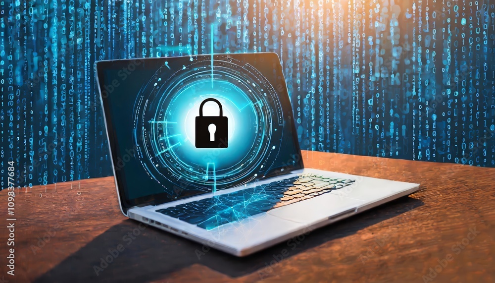 Poster advanced cyber security: laptop screen lock with digital protection design, showcasing modern data p
