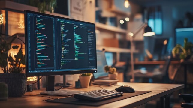 Modern computer display on an office desk with a web design studio concept page. Web design company presentation