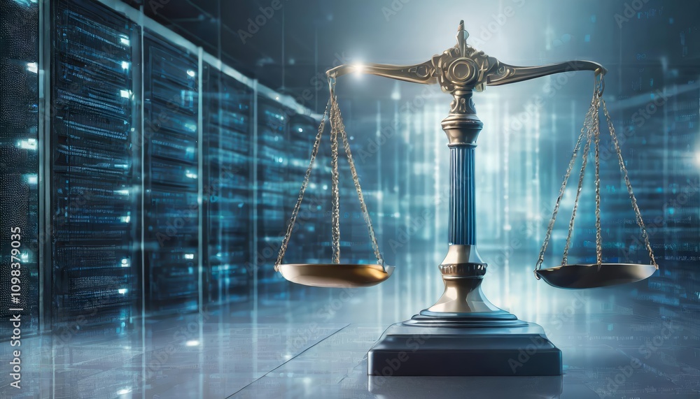 Poster law scales on data center background representing digital justice duality and modern judiciary conce