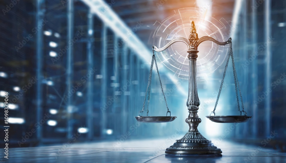 Poster symbolic law scales with data center backdrop illustrating the digital judiciary system and the conc