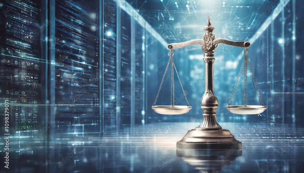 Poster digital law concept depicting scales of justice against a data center background highlighting the du