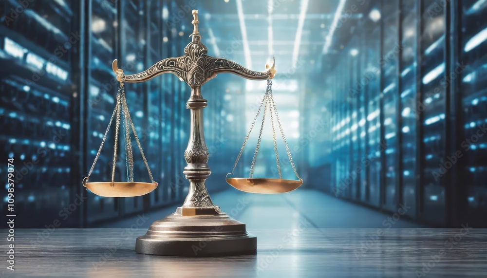Poster law scales on a digital data center backdrop symbolizing the balance between technology and justice,