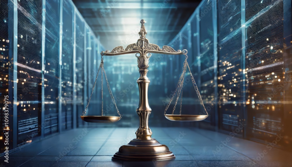 Poster Law scales on background of a data center, symbolizing the digital law concept, duality in judiciary and jurisprudence with advanced technology blending justice and data integrity.