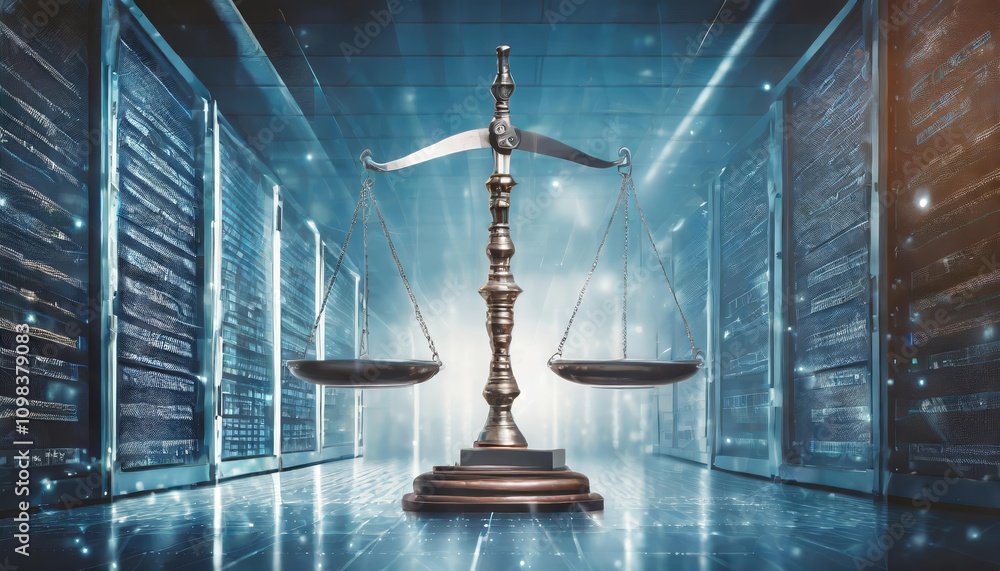 Poster law scales over data center backdrop: a digital representation of judicial duality and jurisprudence