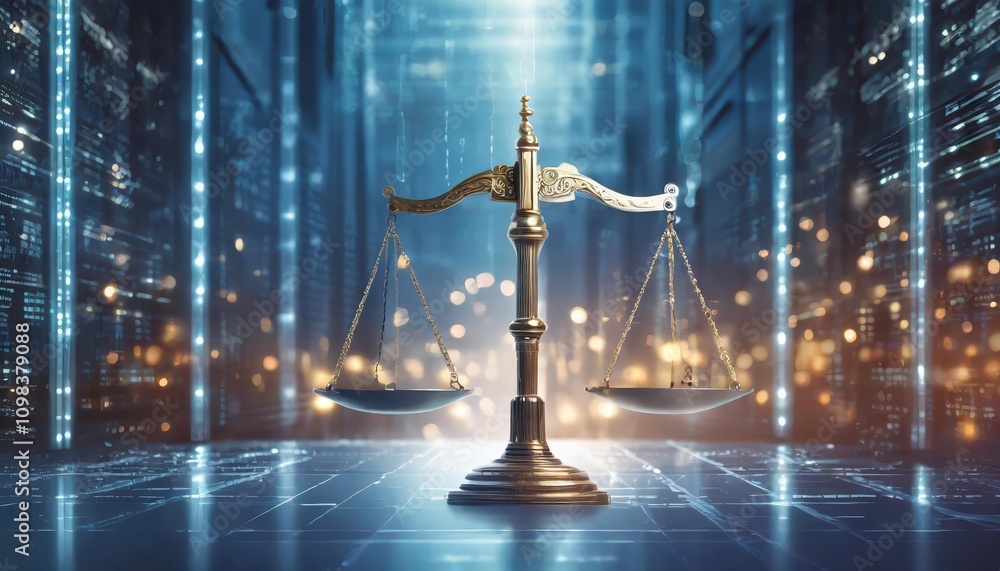 Poster scales of justice over data center background representing digital law, legal tech, and judiciary du