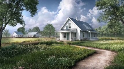 Fototapeta premium Scenic countryside landscape featuring a charming white house surrounded by lush greenery and flowers