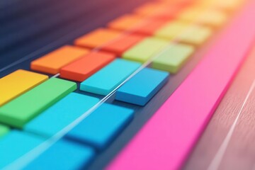 A vibrant close-up of colorful buttons or tiles arranged in a grid, creating a visually appealing and dynamic composition.