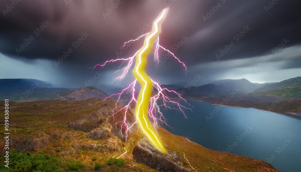 Poster vivid lightning strike in stunning d rendering with dynamic colored elements showcasing vibrant ener
