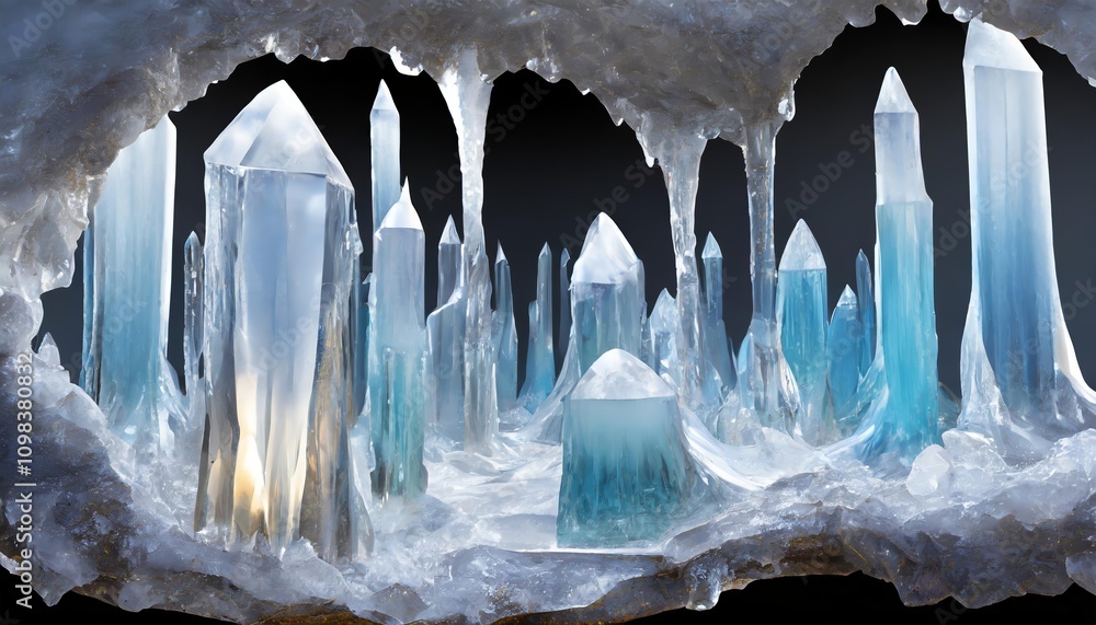 Poster liquid crystal caverns in abstract futuristic design, captured in stunning d with unique transparent