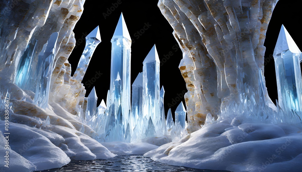 Poster liquid crystal caverns: a futuristic abstract d concept showcasing frozen, dynamic structures on a t