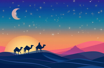 Silhouette of camels walking in a desert  on beautiful. Landscape with sand dunes and sunrise