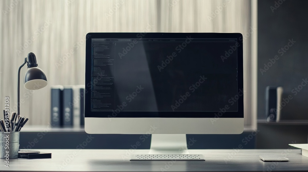 Poster Modern computer display on an office desk with a web design studio concept page. Web design company presentation