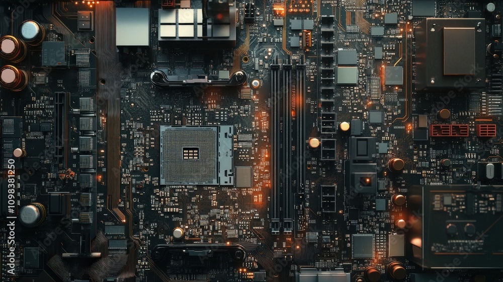 Poster close-up of a computer motherboard with integrated circuits and components