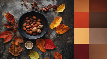 Autumn moodboard featuring a vibrant palette of burnt orange, golden yellow, and fiery red, evoking the warmth and energy of the fall season for dynamic designs.

