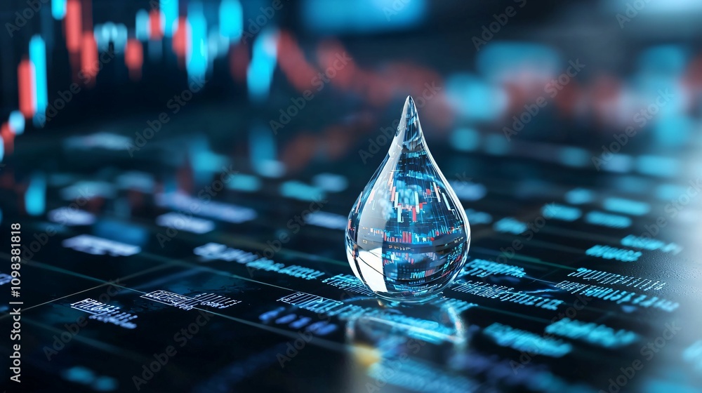 Poster global climate fund. a clear water droplet rests on a digital financial display, symbolizing the int
