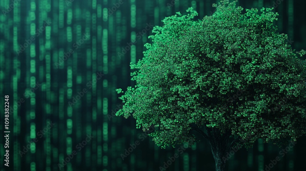 Poster global climate fund. a green tree stands against a backdrop of falling binary code, symbolizing the 
