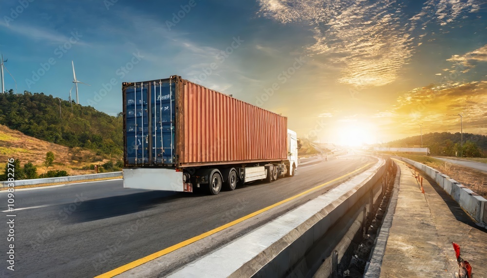 Poster dynamic logistics and cargo transportation image featuring a container truck on the move, symbolizin