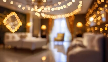 Luxurious hotel interior design showcasing elegant decor and atmospheric blurred bokeh lighting, ideal for upscale promotional materials and high-end design inspiration, offering a premium