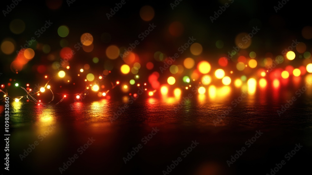 Poster festive string lights illuminate a dark background with blurred bokeh effect.