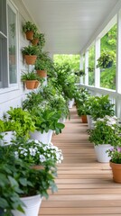 Fototapeta premium Lush green plants arranged on a porch creating a vibrant natural atmosphere
