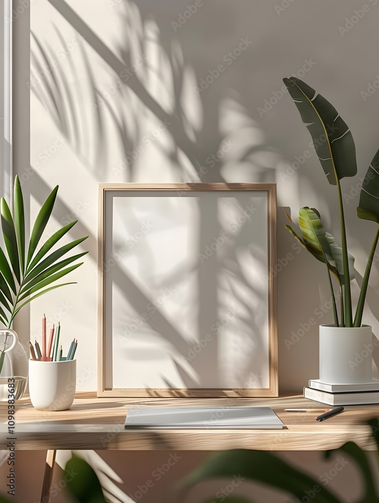 Poster a serene workspace with a blank frame, plants, and soft shadows creating a calming atmosphere.