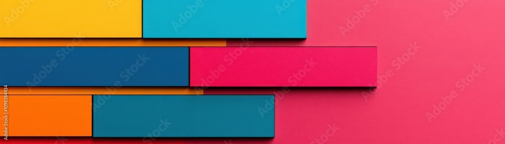 Poster brightly colored rectangular blocks align on a pink background, creating a modern, abstract design t