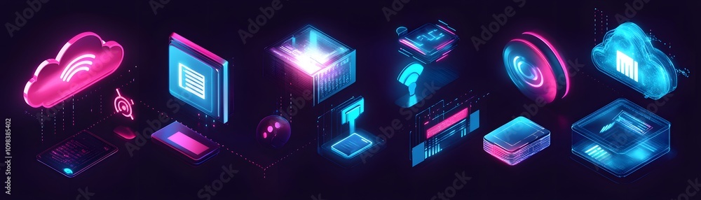 Poster neon cloud computing digital data network system