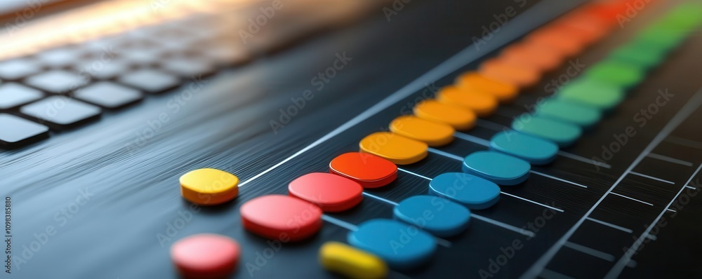 Poster a close-up view of colorful buttons arranged in a row on a sleek surface, reflecting a modern, digit