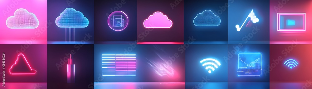 Poster neon cloud computing technology icons displayed