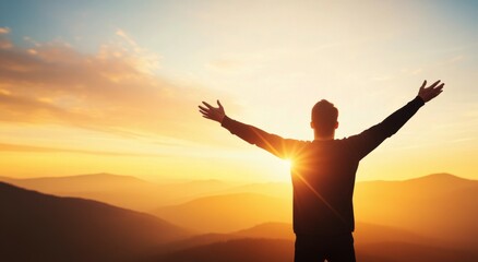 Fototapeta premium Individual enjoying the sunrise with open arms in a serene natural landscape