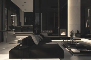 Sleek and sophisticated living room with a monochromatic black and white theme, featuring designer furniture and high-end finishes.