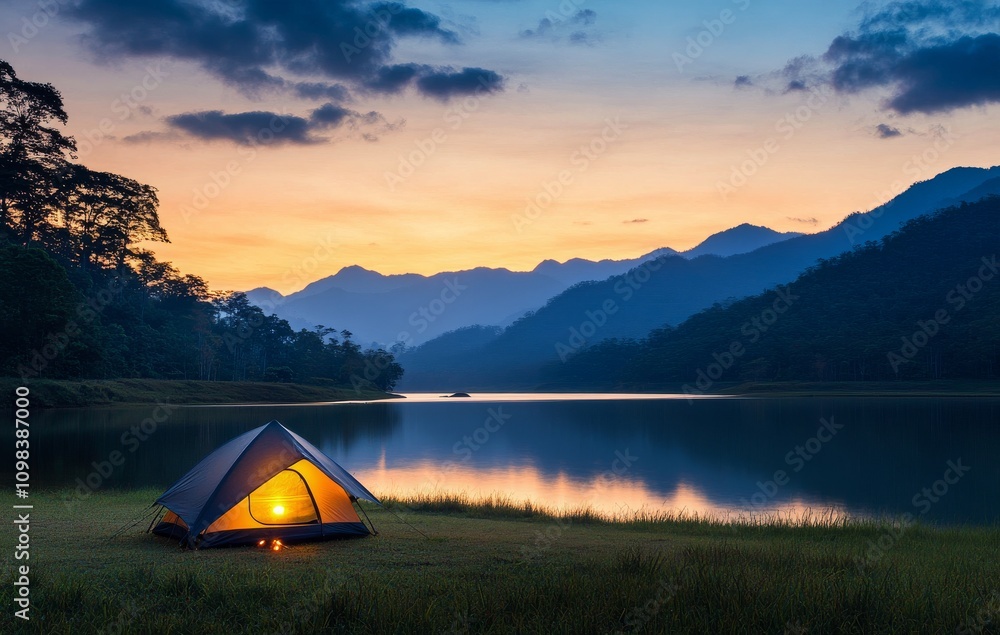 Canvas Prints Peaceful campsite by a serene lake at sunset near mountains in a tranquil setting