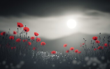 Obraz premium Expansive field of red flowers against a dramatic black and white landscape at dawn