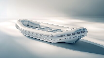 A dinghy with inflatable sides, displayed on a white surface with soft shadows