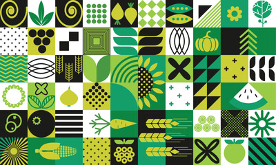 Agricultural geometric mosaic with a seamless pattern and abstract shapes featuring organic, eco-friendly plant-based farm products.
