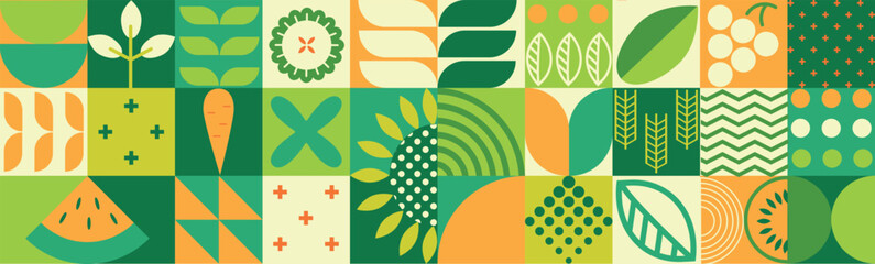 Agricultural geometric mosaic with a seamless pattern and abstract shapes featuring organic, eco-friendly plant-based farm products.